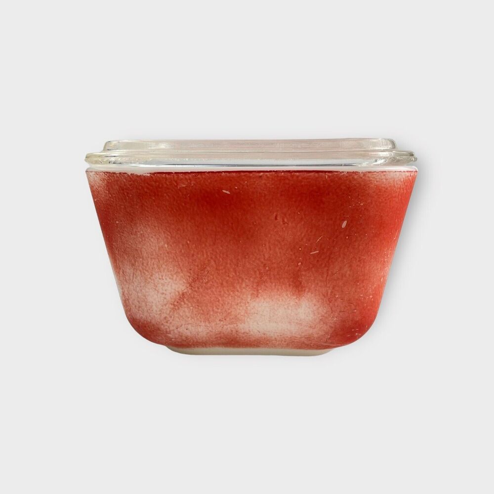 VTG Pyrex Small Refrigerator Dish Red Glass Lid 501 3x4" Faded Finish